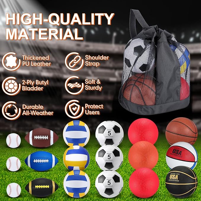 Leyndo 18 Pcs Sport Balls Bulk Set Basketball Football Volleyball Soccer Playground Baseball with