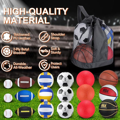 Leyndo 18 Pcs Sport Balls Bulk Set Basketball Football Volleyball Soccer Playground Baseball with
