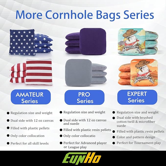 EunHo Dual Sided Cornhole Bags Regulation Set of 8 Professional Cornhole Bean Bags Slick and Stick