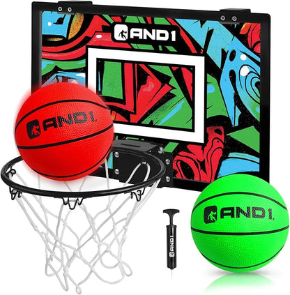 AND1 Over the Door Mini Basketball Hoop: 18x12 Shatterproof Backboard, 2 Mini Basketballs, and Hand