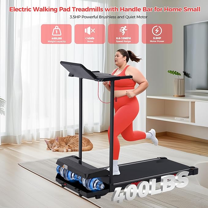Electric Walking Pad with Handle Bar, 0.6-10MPH Portable Walkingp Pads Treadmills with Handles for