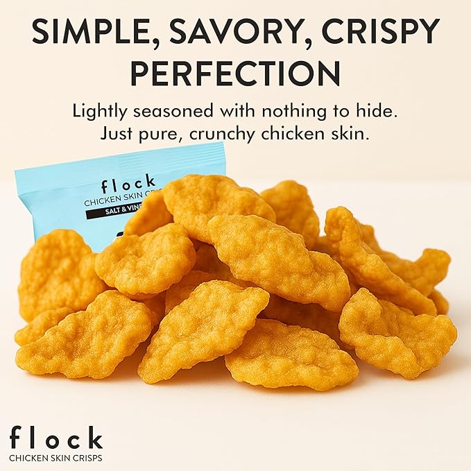 Flock Keto Chicken Skin Chips | Salt and Vinegar Flavor | Low Carb, High Protein, Sugar Free