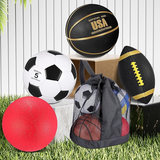 Lenwen 4 Pcs Sports Balls Set, Include Official Size Basketball Soccer Football Playground Ball