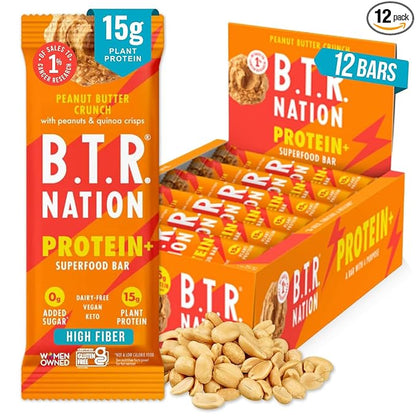 B.T.R Nation Vegan Keto Plant Based High Protein & HIgh Fiber Bars - Peanut Butter Crunch Protein+