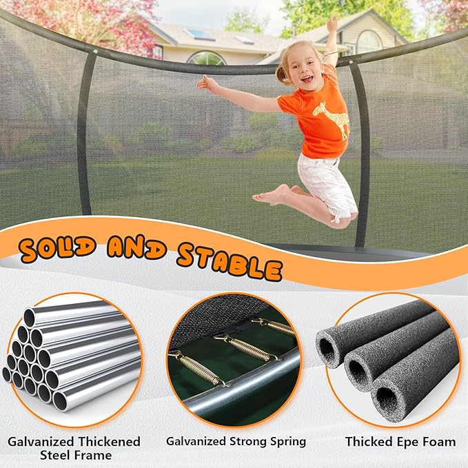 Trampoline 12FT 14FT 15FT 16FT for Kids/Adults - Outdoor Recreational with Enclosure Net Curved