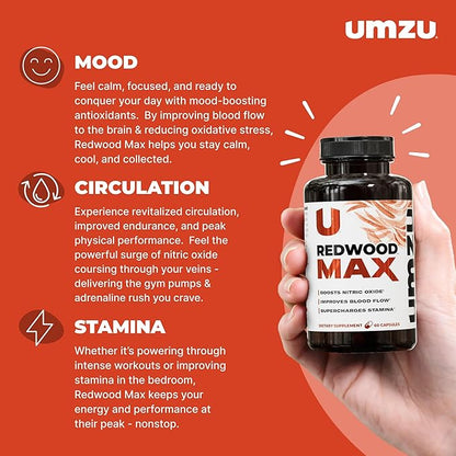 UMZU Redwood Max Nitric Oxide Booster, 1-Month Supply -Advanced Nitric Oxide Supplement with Fitnox