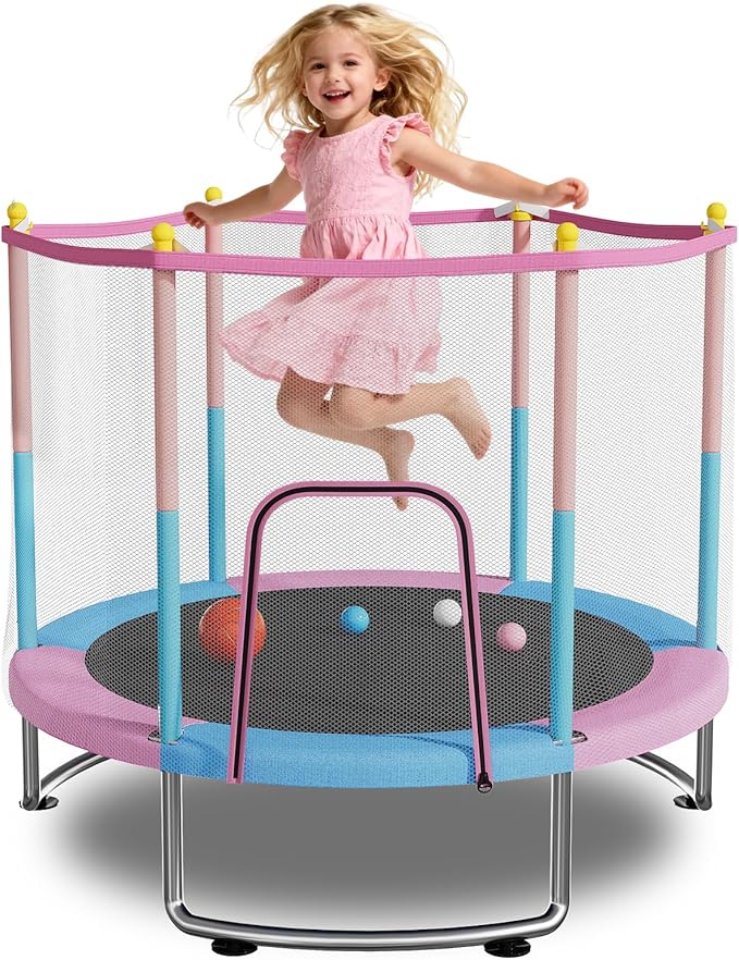 Kids Trampoline with Safety Net – 440lbs Capacity, Upgraded Rust-Proof Ring Legs, Adjustable