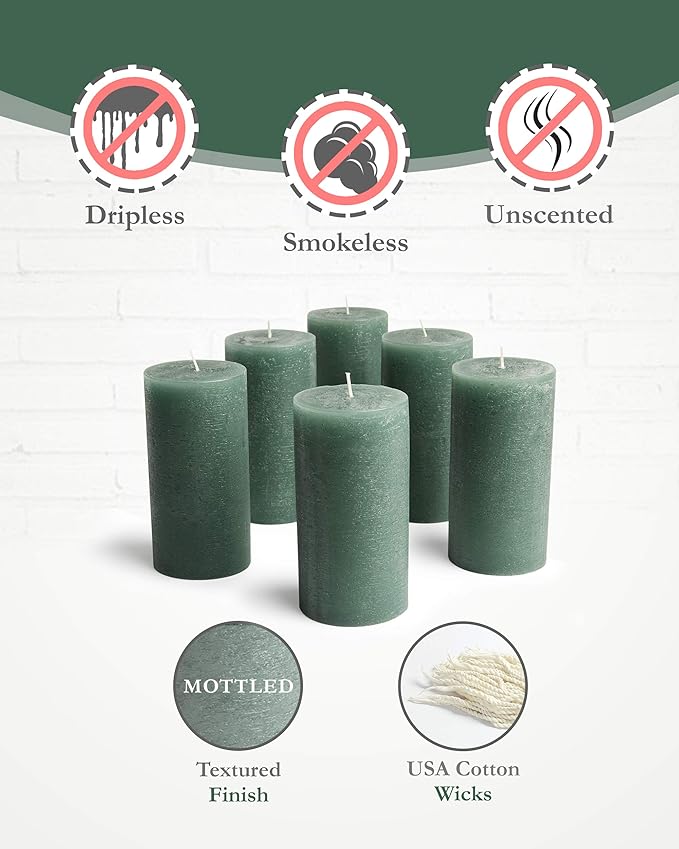 Mottled Pillar Candles by Bask - Set of 6-3" x 6" Dripless Unscented Candles in Dark Green for Home