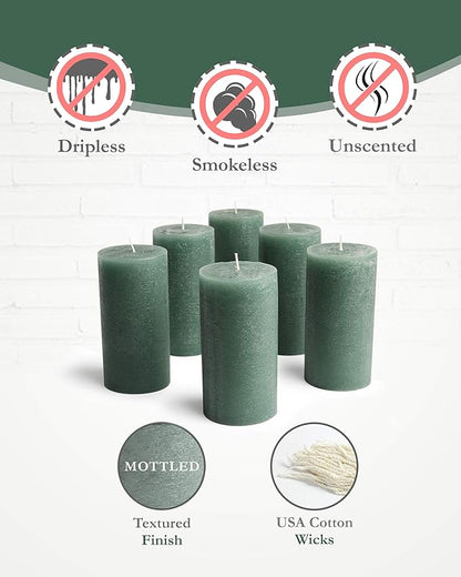 Mottled Pillar Candles by Bask - Set of 6-3" x 6" Dripless Unscented Candles in Dark Green for Home