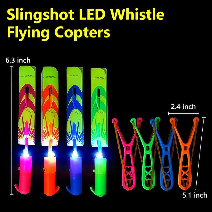 25 Packs LED Flying Toys Set with Whistle,25 Rocket Slingshot+25 Glow Arrow Helicopter for Summer