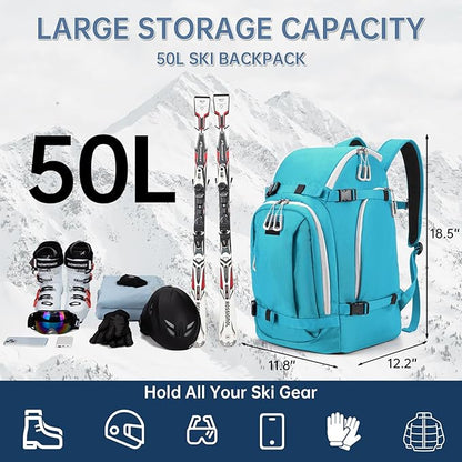 Ski Boot Bag, 50L Ski Boot Travel Backpack for Skis, Snowboard & Accessories, Waterproof Padded Ski