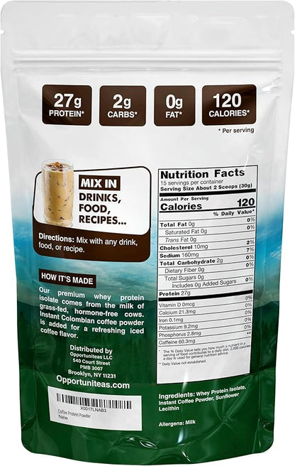 Opportuniteas Coffee Whey Protein Powder - Low Carb & Keto Friendly - Grass Fed Whey Isolate +