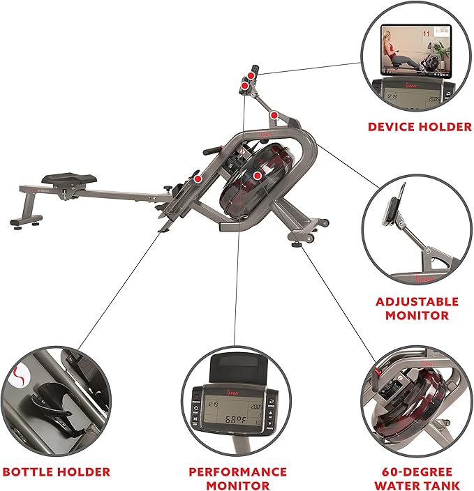 Sunny Health & Fitness Elite Water Rowing Machine with High Dynamic Resistance Vertical Tank