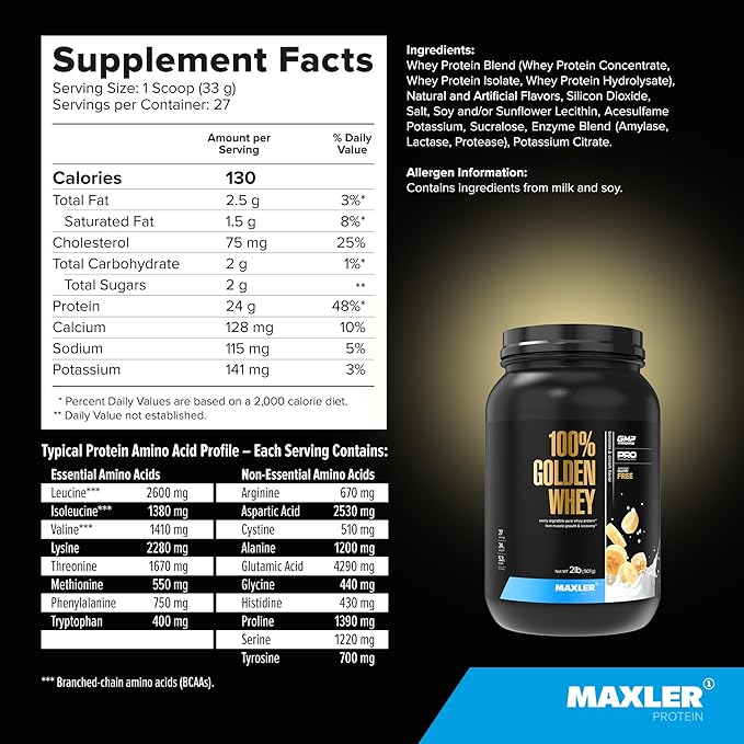 Maxler 100% Golden Whey Protein - 24g of Protein per Serving - Premium Whey Protein Powder for Pre