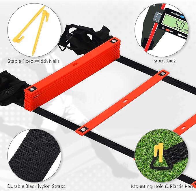 Fixed Rung Agility Ladder - 20ft 12 Rungs No Tangle Speed and Agility Training Equipment for Soccer