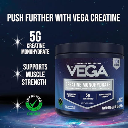 Vega Creatine Monohydrate Micronized Powder, Pure Unflavored, 100 Servings, 5000mg Per Serving