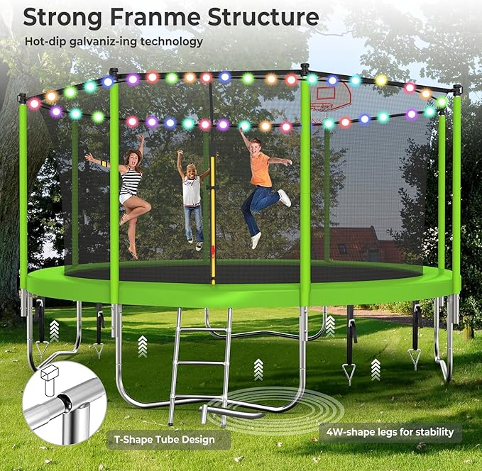 Upgraded 10/12/14/15/16FT Trampoline Outdoor, Large Kids Trampoline with Light, Stakes, Sprinkler