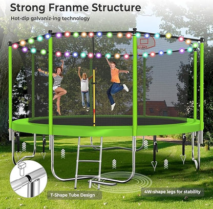 Upgraded 10/12/14/15/16FT Trampoline Outdoor, Large Kids Trampoline with Light, Stakes, Sprinkler