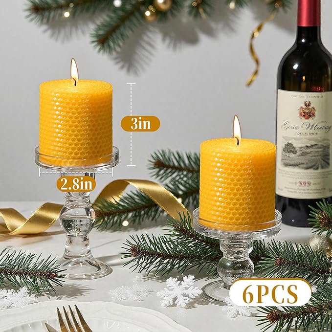 Hand-Rolled Beeswax Candles,2.8x3in-6PCS,All Natural Honeycomb Beeswax Pillar Candles,144 Hours