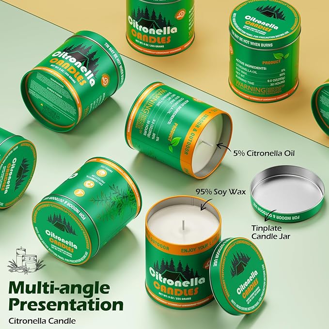 Citronella Outdoor Candles Set | 2-Pack 510g 80H Long-Lasting Burn Time | Natural Soy Wax Jar Tin