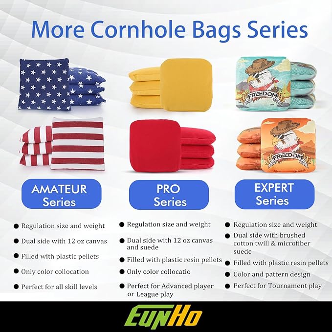 EunHo Dual Sided Cornhole Bags Regulation Set of 8 Professional Cornhole Bean Bags Slick and Stick