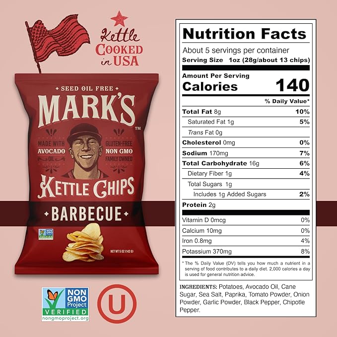 MARK’S Kettle Cooked Avocado Oil Potato Chips, BBQ – Seed Oil & GMO Free | Barbecue, 5 oz (Pack of