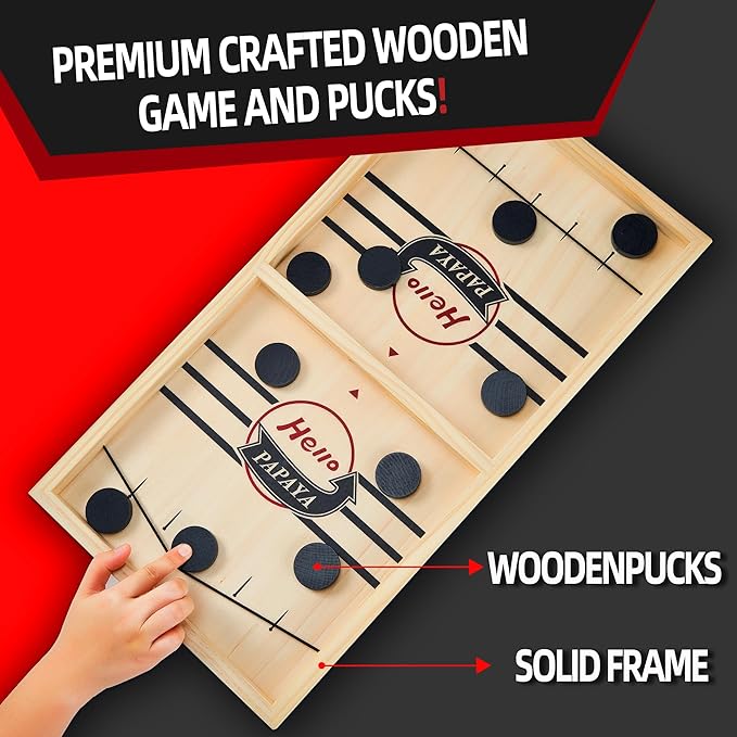 Foldable Fast Sling Puck Game with Chess Board and Checkers Board, Tic Tac Toe. Wooden Air Hockey