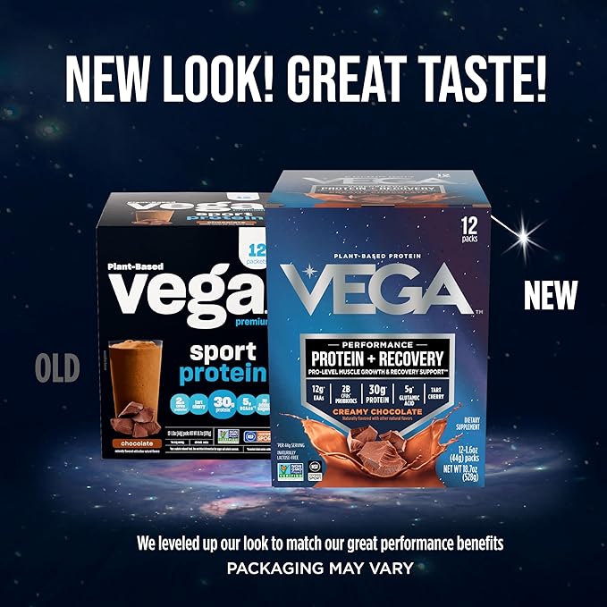 Vega Protein + Recovery - 30g Plant-Based Protein per Serving, Chocolate, 12 x 1.6oz Sachets, 5g