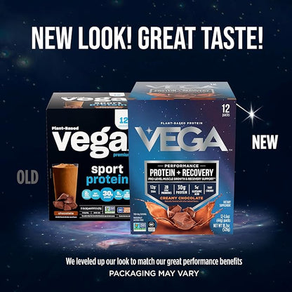 Vega Protein + Recovery - 30g Plant-Based Protein per Serving, Chocolate, 12 x 1.6oz Sachets, 5g
