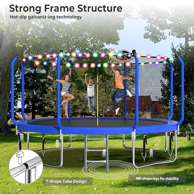Upgraded Trampoline 8FT/10FT/12FT/14FT With Basketball Hoop, Light, Sprinkler, Stakes - Outdoor