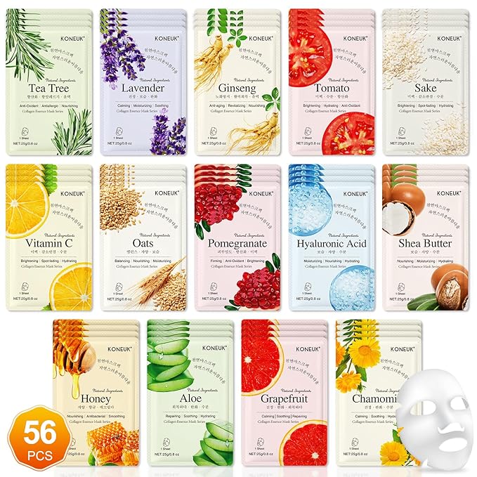 56 Pack Sheet Face Masks Skincare for Women, Hydrating Face Masks Suitable for Sensitive Skin, Bulk