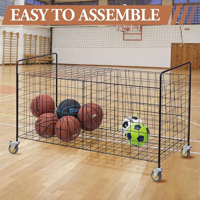 MyGift X-Large Capacity Black Metal Sports Ball and Gym Equipment Storage Rolling Cart with 2