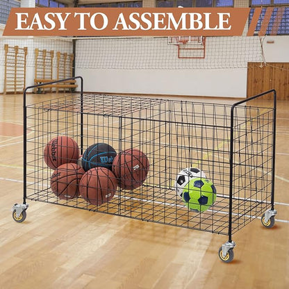 MyGift X-Large Capacity Black Metal Sports Ball and Gym Equipment Storage Rolling Cart with 2