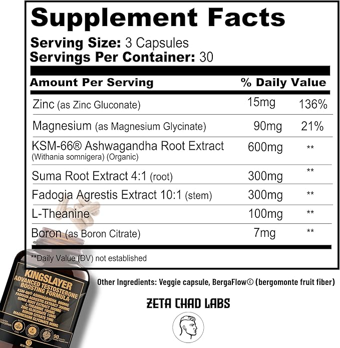 Kingslayer: 7-in-1 Testosterone Booster for Men w/KSM-66, Fadogia, Suma Root, L-Theanine, Zinc
