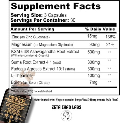 Kingslayer: 7-in-1 Testosterone Booster for Men w/KSM-66, Fadogia, Suma Root, L-Theanine, Zinc