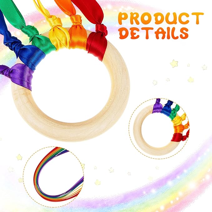 Junkin Ribbon Rings Hand Kite Waldorf Toys Dancing Wrist Ribbons Rainbow Streamers with Wood Ring