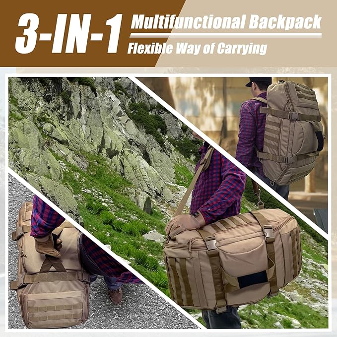 65L Large Travel Gym Duffle Bag Military Tactical Backpack, Army Pack 3 Day Bug Out Bag Rucksack