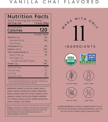Truvani Vegan Pea Protein Powder | Vanilla Chai | 20g Organic Plant Based Protein | 10 Servings |