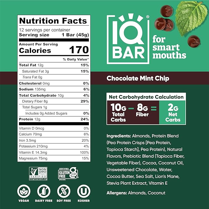 IQBAR Brain and Body Plant Protein Bars - Chocolate Mint Chip - 24-Count Low Carb - Gluten Free