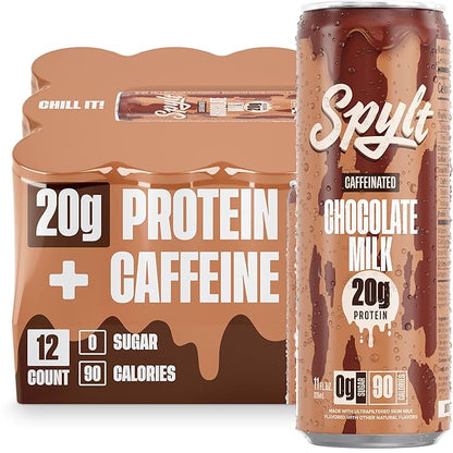 High Protein Chocolate Milk with 60mg Caffeine & 20g Protein - 90 Calories, Ready to Drink, Sugar