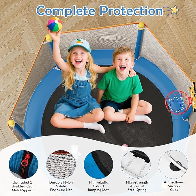Kids Trampoline with Safety Net – 440lbs Capacity, Upgraded Rust-Proof Ring Legs, Adjustable