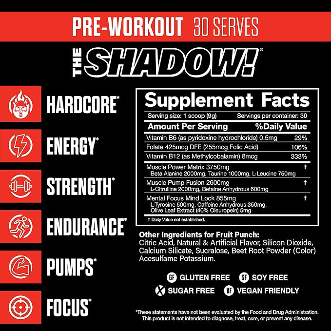 JNX SPORTS The Shadow! 350mg of Caffeine Hard Core Preworkout - Fruit Punch 30 Servings | Electric