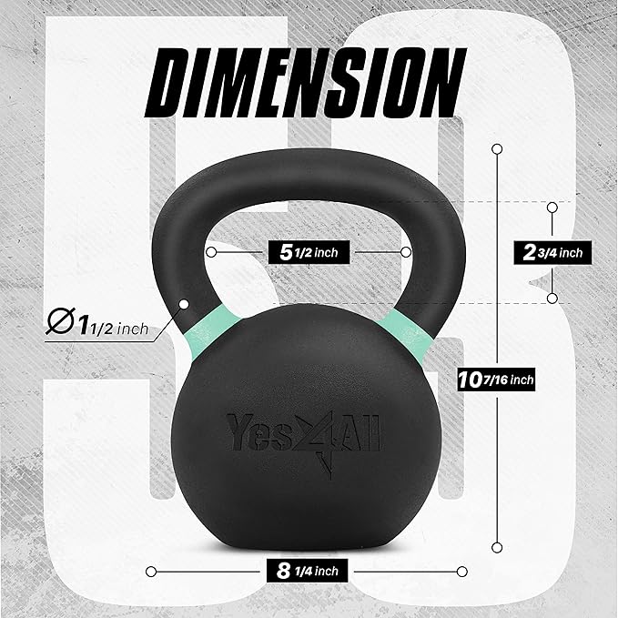 Yes4All Kettlebell, Heavy Duty Powder Coated Cast Iron Kettlebells, Non-Slip Handle & Flat Bottom