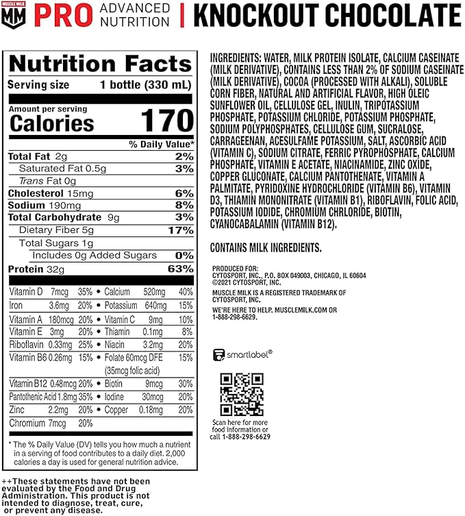 Muscle Milk Pro Advanced Nutrition Protein Shake, Knockout Chocolate, 11.16 Fl Oz (Pack of 12), 32g