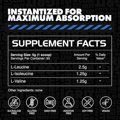 Gains in Bulk BCAA Powder, Pre Workout Plant Based Branch Chain Amino Acids, Gluten Free, Vegan