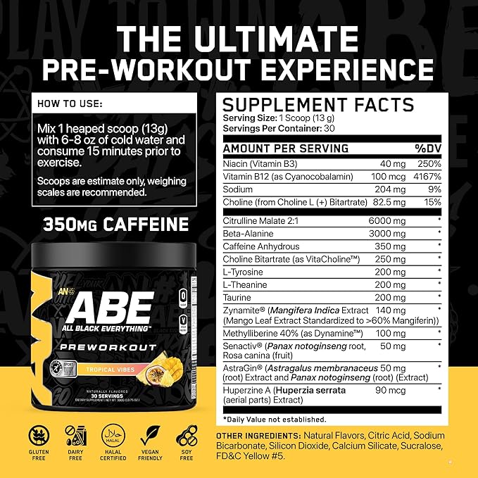 All Black Everything Pre Workout Powder | 30 Servings | Tropical Vibes | 350mg Caffeine | Nootropic