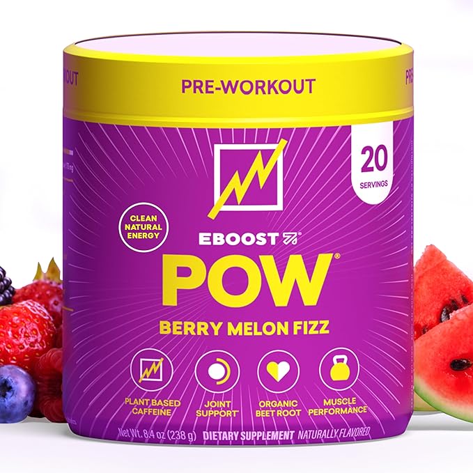 EBOOST POW Natural Pre Workout Powder - 20 Servings - Berry Melon Fizz - Pre Workout Supplement for