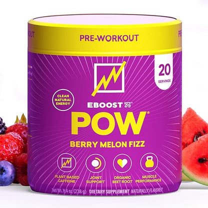 EBOOST POW Natural Pre Workout Powder - 20 Servings - Berry Melon Fizz - Pre Workout Supplement for