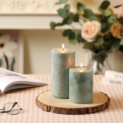 3x6 inch Green Pillar Candles Set of 3, Unscented Pillar Candle, Dripless and Smokeless Large