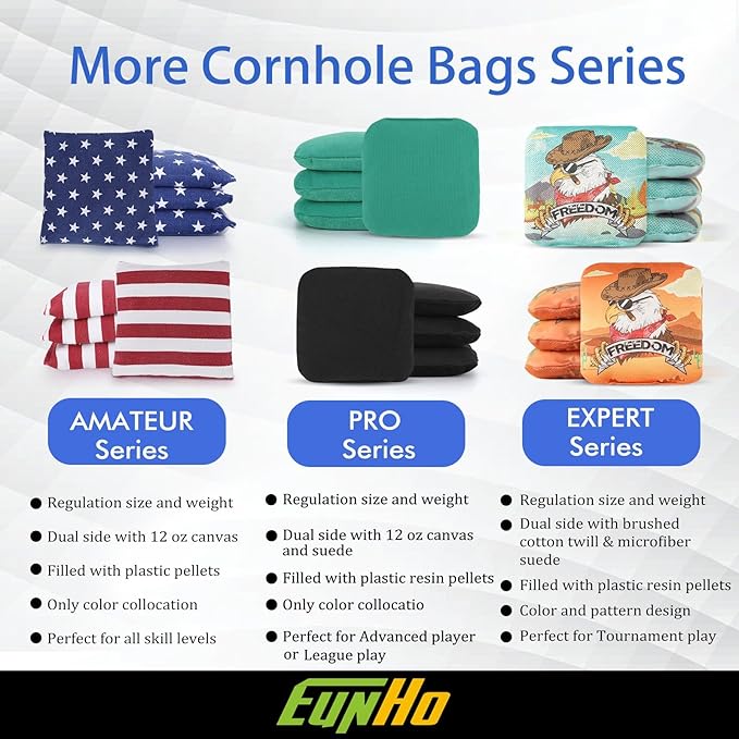EunHo Dual Sided Cornhole Bags Regulation Set of 8 Professional Cornhole Bean Bags Slick and Stick
